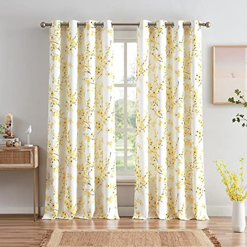 Melodieux Floral Curtains 63 Inch Length for Living Room, Farmhouse Yellow Apricot Flower Print White Decorative Grommet Drapes, 52x63 Inch, 2 Panels
