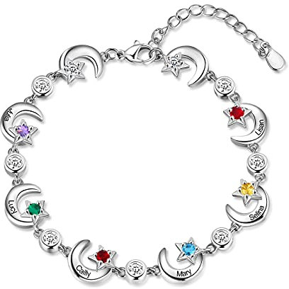 RolaOnly Armband mit 6 Namen Damen 925 Sterling Silber Geburtsstein Armbänder mit 5A Kubik Zirkonia Sterne Mond Anhänger Personalisiert Schmuck Geschenk für Mutter und Tochter