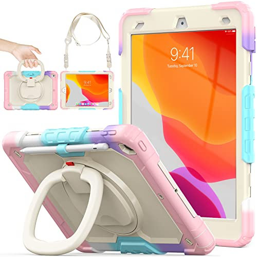 SEYMAC stock Case for iPad 9th/8th/7th Generation 10.2'' with Screen Protector, 360° Rotating Stand, Pencil Holder & Shoulder Strap, Heavy Duty Shockproof Case for iPad 10.2 Inch 2021/2020/2019, Pink