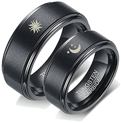 Ayoiow Ring Paare Trauringe Freundschaftsringe, Wolfram Ring Verlobung Sonne und Mond Schwarz Frau Größe 62 (19.7) & Mann Größe 62 (19.7)
