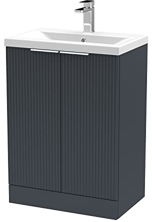 Hudson Reed DFF1425A Fluted Modern Bathroom Floor Standing 2 Door Vanity Basin Unit with Mid-Edge Ceramic Basin, 600mm, Soft Black