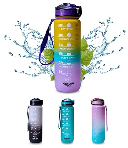 GMP.STAR 1L Water Bottle - Leak Proof with Quick Open Lid and Time Markings - 100% BPA Free - Motivational Gym, Travel, Sports for Adults, Kids (yellow,blue,purple)