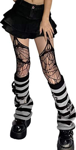 shownicer Damen Gothic Punk Gerippte Gestrickte Beinstulpen Harajuku Japanische Stulpen Studenten Mädchen Kawaii Häkeln Beinwärmer 80er Knee High Foot Cover Winter Beinwärmer H Grau Einheitsgröße