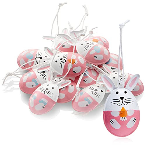 com-four® 12x Dekoaufhänger Ostern - Osterhase in Ei-Form aus robustem Metall - Osterdeko zum Aufhängen an Strauch, Baum, Tür und Fenster - Aufhänger für den Osterstrauß (rosa + weiß)