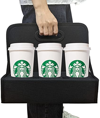 Boczif Cup Caddy Portable Drink Carrier or Cans Reusable, 6-Cup Holder with Handle, Folds Flat, Carry Coffee, Wine, Cocktails, Safely Secures Hot and Cold Beverages- for Delivery and Take Out (black)