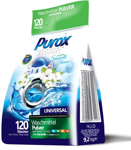 PUROX UNIVERSAL Detersivo Lavatrice Polvere Sensuelle Fiori (120 Lavaggi) – Per tutti i tessuti, profumo floreale, rimuove le macchie, ecologico, protezione anticalcare, sacco da 9,2 kg