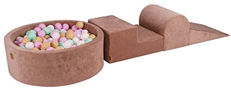 MEOWBABY Parco Giochi in Schiuma con Piscina di Palline 90x30cm/200 Palline per Bambini - Blocchi Morbidi, Velluto, Beige: Rosa Pastello/Menta/Bianco/Beige