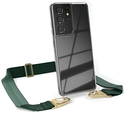 EAZY CASE - Hülle mit Band kompatibel mit Galaxy S21 Ultra 5G Handyhülle mit Umhängeband Silikonhülle Transparent Schutzhülle Handykette Umhängen Handykordel Smartphone in Pinien Grün - Clips Gold