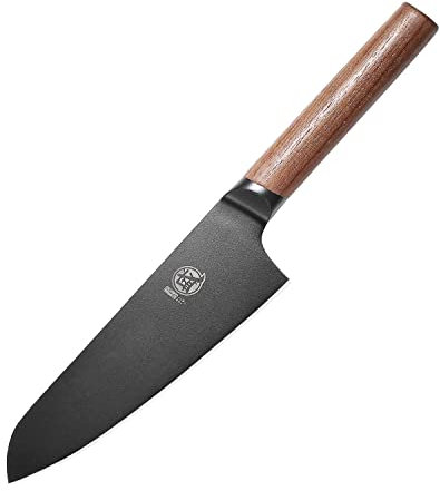 MITSUMOTO SAKARI Cuchillos Japoneses Profesionals, Cuchillo Santoku Profesional Recubierto de Titanio Negro, 17cm Cuchillos Cocina Sushi de Carne de Acero Alemán de Aleación Premium