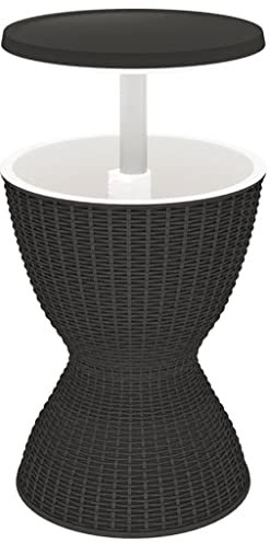 Makastle 3 in 1 PP Gartentisch Beistelltisch / 30L Kühlbox, Cool Bar, Höhenverstellbar, Rattan-Optik, Getränkekühler, 48cm Durchmesser, Stehtisch für Garten, Balkon oder Terrasse, Schwarz