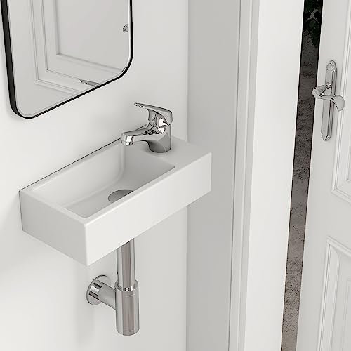 EMKE Waschbecken - Mini Hängewaschbecken für Badezimmer & Gäste-WC - 40 × 20 × 10 cm - Hochwertige KeramikWaschschale - rechteckig Armatur-Loch Rechte - Weiß