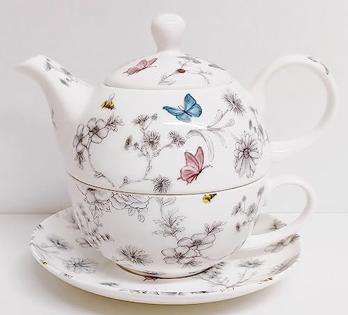 Secret Garden Tea for One Fine Bone China Flowers Butterflies Bees Teapot Cup Saucer Set Hand Decorated UK