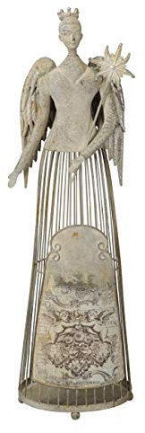 großer nostalgischer dekorativer ausgefallener Deko Engel als Windlicht mit Herz oder Sternstab Shabby grau antike Optik (Metall antikgrau groß mit Sternstab)