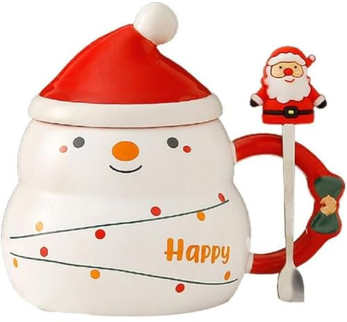 SuperglockT Weihnachtstasse mit Löffel 480ml Keramik Kaffeetasse Weihnachtsbaum design Kaffeebecher mit Weihnachtsmütze Deckel Weihnachtsmotive Bürotasse Geschenkidee (Schneemann)