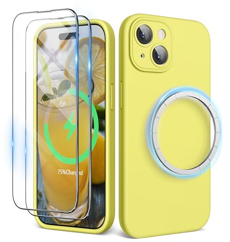 SURPHY Cover Magnetica Silicone per iPhone 15 plus con 2*Vetro Temperato(6.7''), Compatibile con Magnetica Accessori, Custodia per iPhone 15 plus Antiurto Protettiva Fodera in Microfibra, Giallo