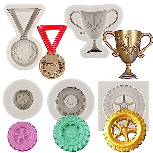 MYPRACS Race Car Silicone Mould 3D Round Tire Fondant Mould Truck Wheel Silicone Mould Racing Car Chocolate Candy Mould Trophy Medal for Cake Decoration Cupcake Polymer Clay Gum Paste Set of 5