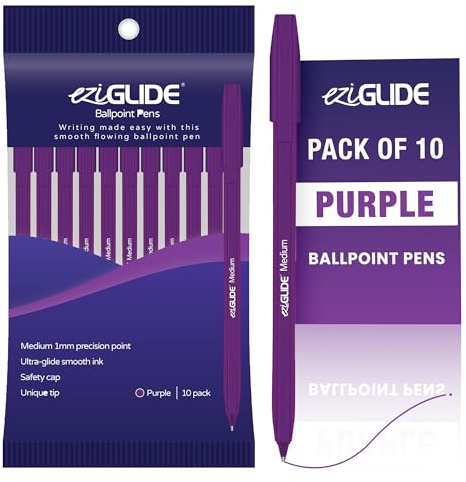 Eziglide Ballpoint Purple Pens, Medium Point Nib (1.0mm), 10-Pack | Effortless Writing & Comfortable Grip, Ball Point Pens Ideal for School, Exams, Home or Work Stationery Supplies