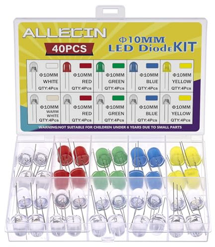 ALLECIN 10MM Leuchtdioden Set LED Diode Leuchtdiode 10 Farben Rot Blau Grün Gelb Weiß Warmweiß Led Licht Diffus Dioden 2 Pin Rundkopf Led-dioden Sortiment Kit (Packung mit 40 Stück 4 Stück pro Farbe)