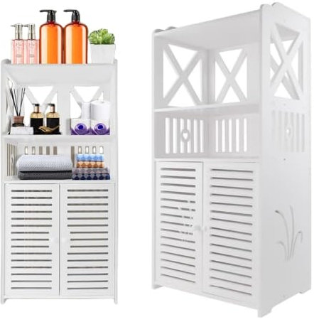 FENGSHENG-SHOP Bathroom Floor Cabinet,Waterproof Free Standing Bathroom Storage Unit, Daily Use Layer and Cupboard Double Door, Multi-purpose Cabinet for Store Toilet Paper,Shampoo, White 40x 25x 90CM