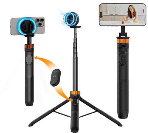K&F Concept 63'' Phone Selfie Stick Tripod Compatible with MagSafe, Compact Magnetic Tripod Mount with Remote Control, Compatible with iPhone/Samsung,etc(Includes self-adhesive magnetic ring)