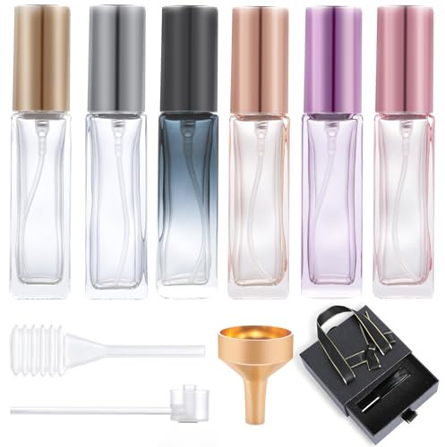 AiQInu 6 Piezas 10ml Atomizador Perfume Recargable, Portátil Contenedor de Perfume de Viaje, Botella de Vidrio Espesado, botella de perfume vacía con Pipeta y Embudo para Viaje, Vacaciones, Fiesta