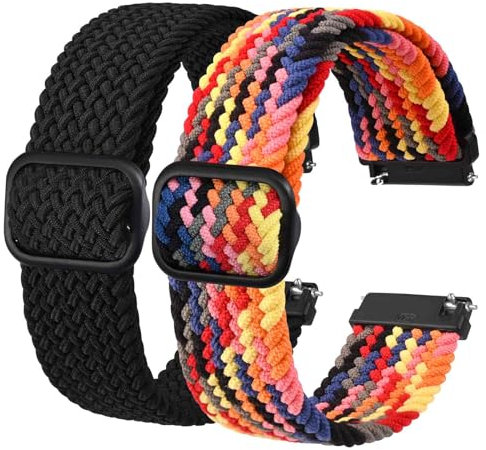 BISONSTRAP 2 Stück Geflochtene Nylon Armband 18mm, Verbesserte Verstellbare Schnalle, Dehnbare Schlaufen Uhrenarmband für Herren und Damen, Schwarz+Regenbogen