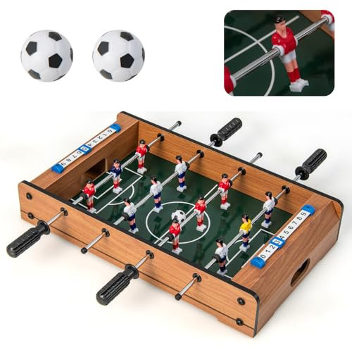 HOMASIS Mini Tischkicker Kinder, Kickertisch inkl. 2 Kickerbälle & 4 Spielstangen, Tischfußball mit Griff & Anzeigetafel, Fußballtisch Holz-Optik für Kinder & Erwachsene 51 x 30,5 x 9 cm