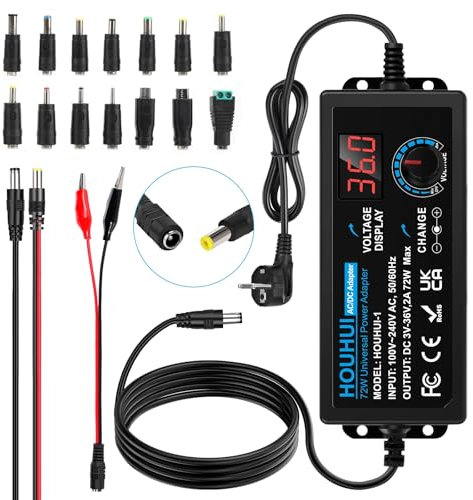 3V-36V Einstellbares Netzteil Universal Netzteiladapter 2A 72W Verstellbarer Netzadapter 100V-240V AC to DC mit LED Spannungsanzeige und 5,5x2,5mm 16Tipps für Haushaltselektronik, DC Motor 2A Max