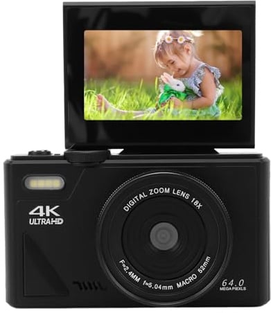 Fotocamera Digitale 4K 64MP, Fotocamera Digitale Compatta con Zoom Autofocus UHD 18X con Schermo Flip da 3 Pollici, Fotocamera per Video Fotocamera da Viaggio Punta e