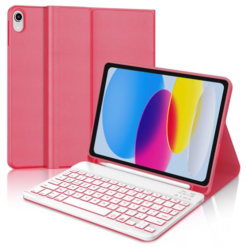 WAVATA Clavier pour iPad A16 11e Generation 2025 11 et iPad 10 Ème Génération 10.9 2022 avec Rétroéclairé, Étui Clavier Bluetooth Magnétique AZERTY Français, Bégonia Rouge