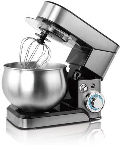 Batteur sur socle, batteur sur socle électrique de cuisine 5,8 L 1000 W avec batteur plat, crochet à pâte et fouet, bol en acier inoxydable, protection contre les éclaboussures, batteur électrique