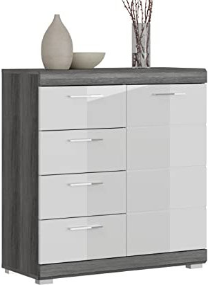 Inn.Furn Kommode in weiß Hochglanz und grau Rauchsilber mit Schubladen Sideboard Anrichte Wohnzimmer Esszimmer Diele Flur 80 x 85 cm Shawn (80 Zentimeter)