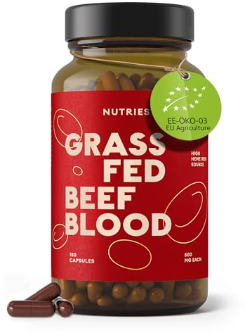 Nutriest Beef Blood (180 Capsules) – Iron Supplement from Bovine Blood | Organic Grass-Fed Beef from Europe | Energy & Immune System | Bioavailable Heme Iron 101% NRV