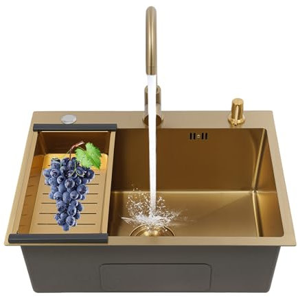 Fregadero de cocina de acero inoxidable, fregadero individual, 45 x 60 x 20 cm, color dorado, con grifo giratorio 360°, para cocina o apartamentos