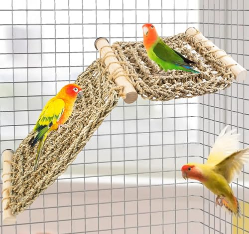 FlidRunest Bird Perch Platform with Climbing Ladder, Parrot Chewable Natural Seagrass Woven Hammock, Parakeet Cage Accessories Playing Gyms Exercise Sturdy for Cockatiels, Lovebirds, Budgies