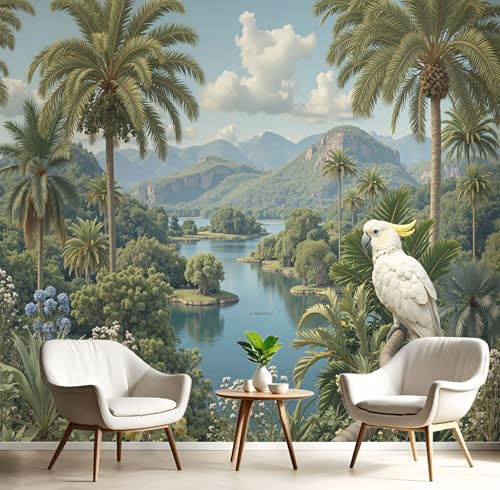 JEDTAKCT Papier Peint Panoramique Perroquets Palmiers, Papier Peint Vert Olive Motif Paysage Tropical, Tapisserie Panoramique Salon Canapé Fond, Décoration Murale Chambre, 400X280Cm (Lxh)