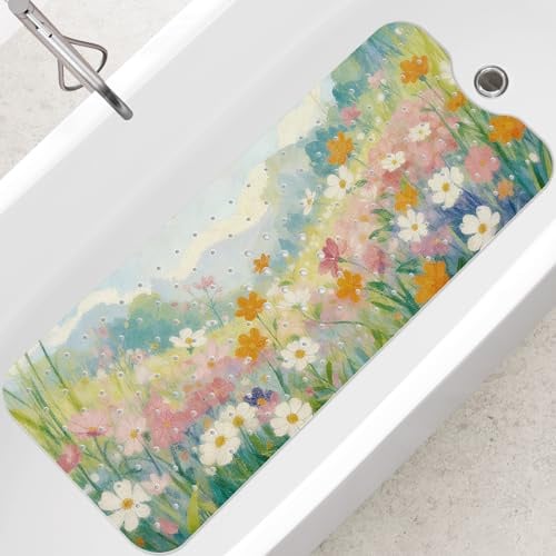 SHUCHING Badewannenmatte rutschfest Bunte Blumen, 100 X 40 cm | Badematte Rutschfest, Antirutschmatte Badewanne 100% BPA Frei