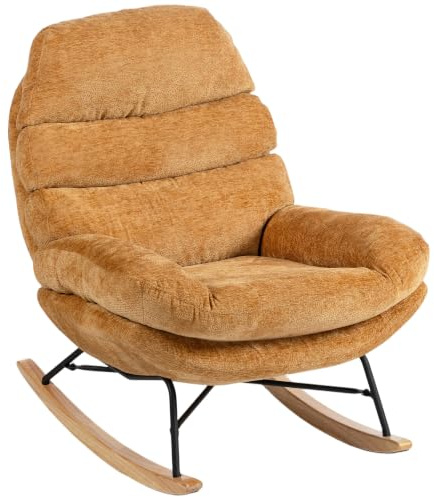 HOMCOM Schaukelstuhl mit Rückenlehne, Holzgestell, Gepolstert, Gelb | Schaukelsessel, Schneidersitz Sessel, Relaxsessel mit Chenille-Optik, Schwingsessel, Lesesessel für Wohnzimmer