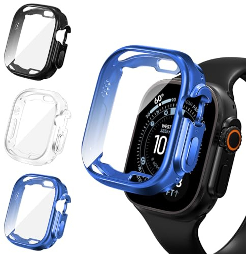 ivoler 3 Piezas Funda con Protector de Pantalla para Apple Watch Ultra 3/2 / Apple Watch Ultra 49mm, Protección Completa Carcasa Protectora Suave TPU Anti-Arañazos Case, Transparente + Negro + Azul