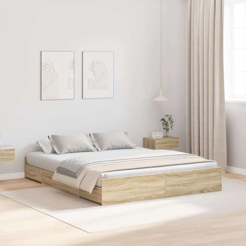 GeenYuu Aufbewahrungsbettgestell mit Kopfteil, Sonoma-Eiche, 160x200 cm, modernes Schlafzimmermöbel, stabiles Kiefernholz, inklusive Schubladen, King Size Bett