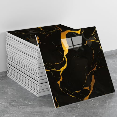 LVSHI Lot de 20 panneaux muraux de douche en PVC imperméables à décoller et à coller sur le mur pour chambre à coucher, cuisine - 30 x 30 cm (noir doré, 1,4 m²)