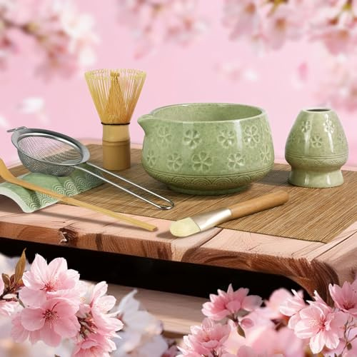 Jidkuld 8 Pcs Matcha Whisk Set, Matcha Kit Gifts for Women, Mottled Green