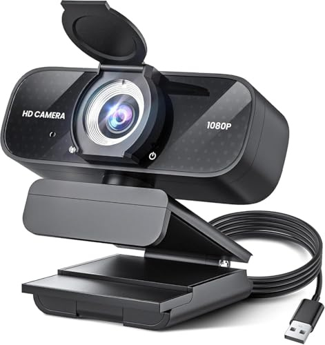 TRAUSI Webcam HD 1080P con microfono, cancellazione del rumore, copertura della privacy, obiettivo grandangolare, correzione automatica della luce, webcam USB Plug & Play per laptop, desktop, PC, Mac