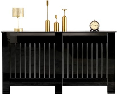 FUSIDE High Gloss Black Radiator Cover Cabinet, Modern Chipboard Heating Cover with Display Top,Vertical Slat Design for Living Room Bedroom Hallway (L(L151.5 x W19 x H85 cm))