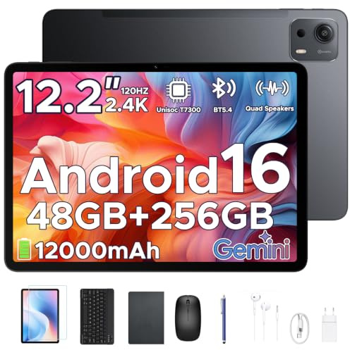 Easerush P12 Plus Tablet 12.2 Pulgadas, Android 16 & Gemini AI, 48GB RAM+256GB ROM/2TB, 120Hz 2.4K, T7300 Octa-Core, 12000mAh, Altavoces Cuádruples, Widevine L1/Tablet con Teclado y Ratón/Funda-Negro