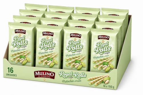 Mulino Royal Rolls Wafer Pistachio Cream Pack de 16 | Galletas Wafer Crujientes con Crema de Pistacho | Snack Dulce Gourmet para Café y Meriendas