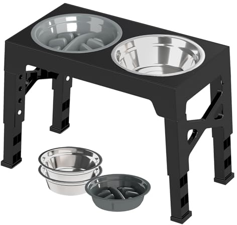 Skylos Foldable 5-Height Elevated Dog Bowl Stand with Slow Feeder & Non-Spill Water Bowl, 2 Stainless Steel Bowls, Adjustable for Small to Large Dogs
