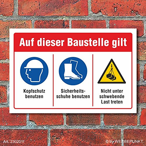 Schild Baustelle Kopfschutz Sicherheitsschuhe schwebende Last 450 x 300 mm | 3 mm Alu-Verbund, wetterfester UV-Direktdruck, robust und langlebig, Made in Germany