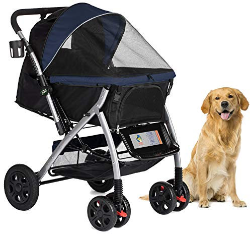 HPZ Pet Rover Premium-Kinderwagen für Hunde/Katzen/Haustiere, robust, mit wandelbarem Fach/Reißverschluss-Eingang/wendbarem Griff/pumpenfreie Gummireifen für kleine, große Haustiere, Mitternachtsblau