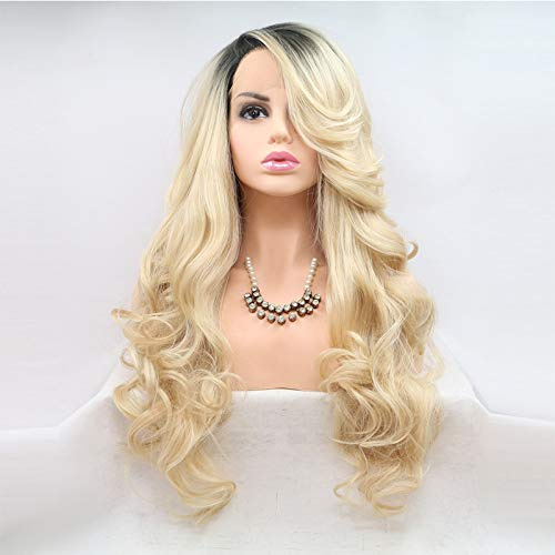 Xiweiya Ombre Blonde Lace Front Wigs Long Body Wavy Mixed Platinum Blonde Synthetic Lace Front Wig Side Part Heat Resistant Hair Half Hand Tied 24inch